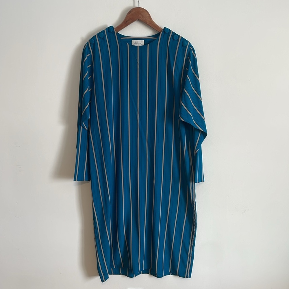 VTG Mod Stripe Dress Alicia Shift 14 Petite Teal 80s Stripe Long Sleeve Button